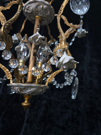 Lovely Vintage Spanish 3 Light Crystal and Brass Ceramic Roses Cage Chandelier