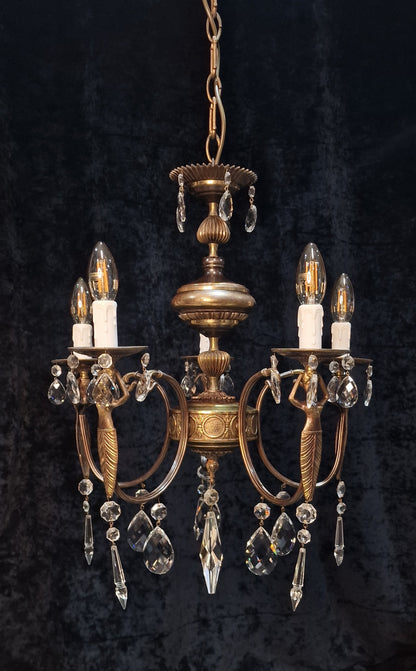 Unique Elegant Vintage Italian 5 Arm Brass and Crystal Mermaid Chandelier Light