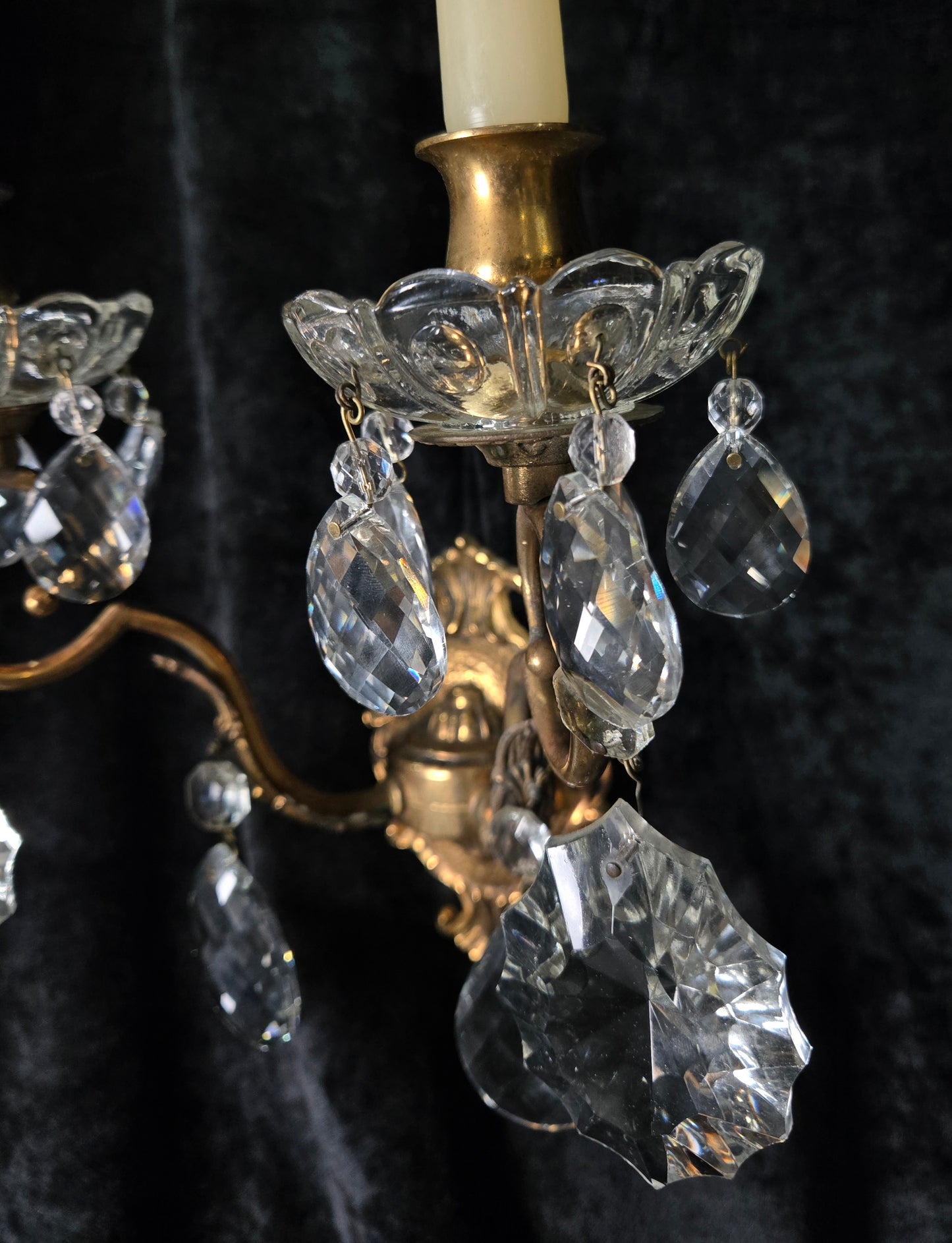 Gorgeous Pair of Vintage Italian 2 Arm Brass Crystal Candle Wall Lights Sconces