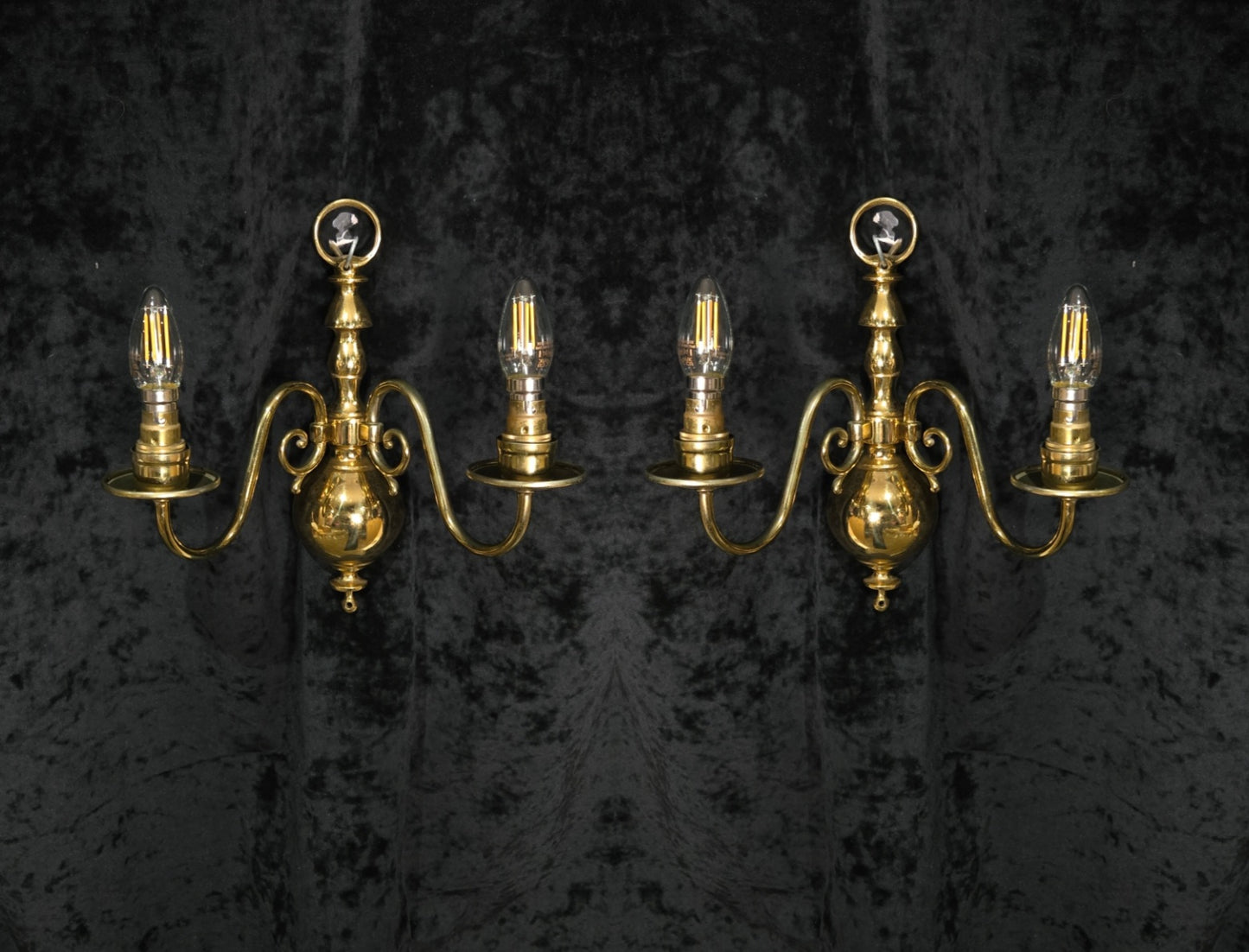 Elegant Pair Vintage Polished Brass 2 Arm Flemish Wall Lights Sconces