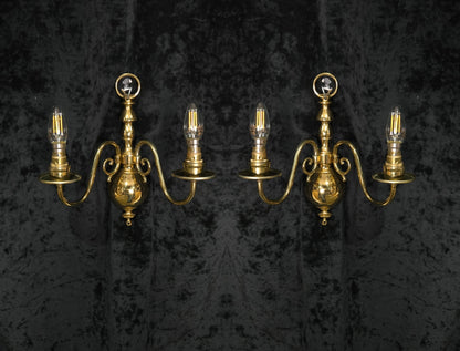 Elegant Pair Vintage Polished Brass 2 Arm Flemish Wall Lights Sconces