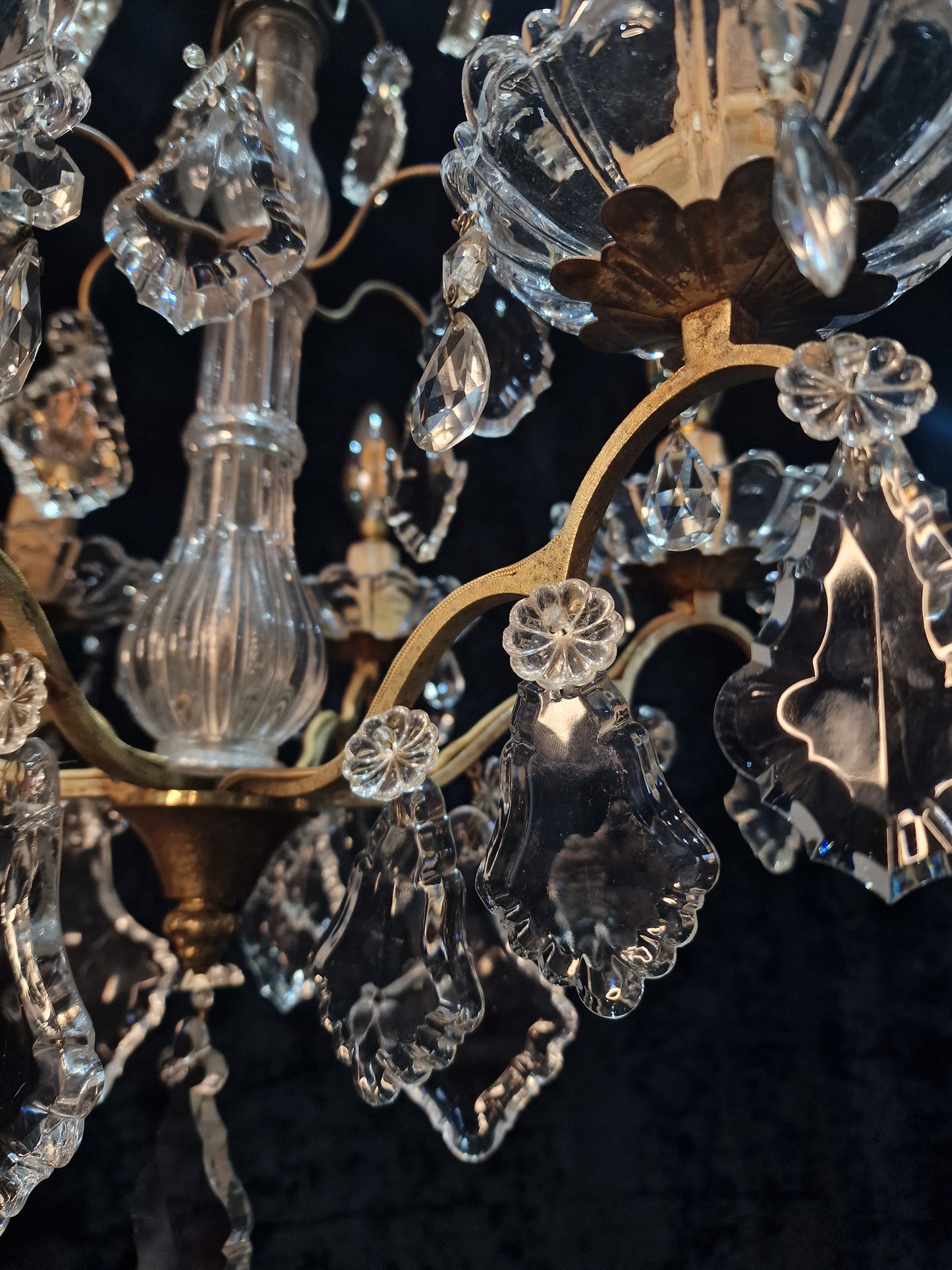 Gorgeous Antique French 6 Arm 2 Tier Brass and Crystal Chandelier Ceiling Light
