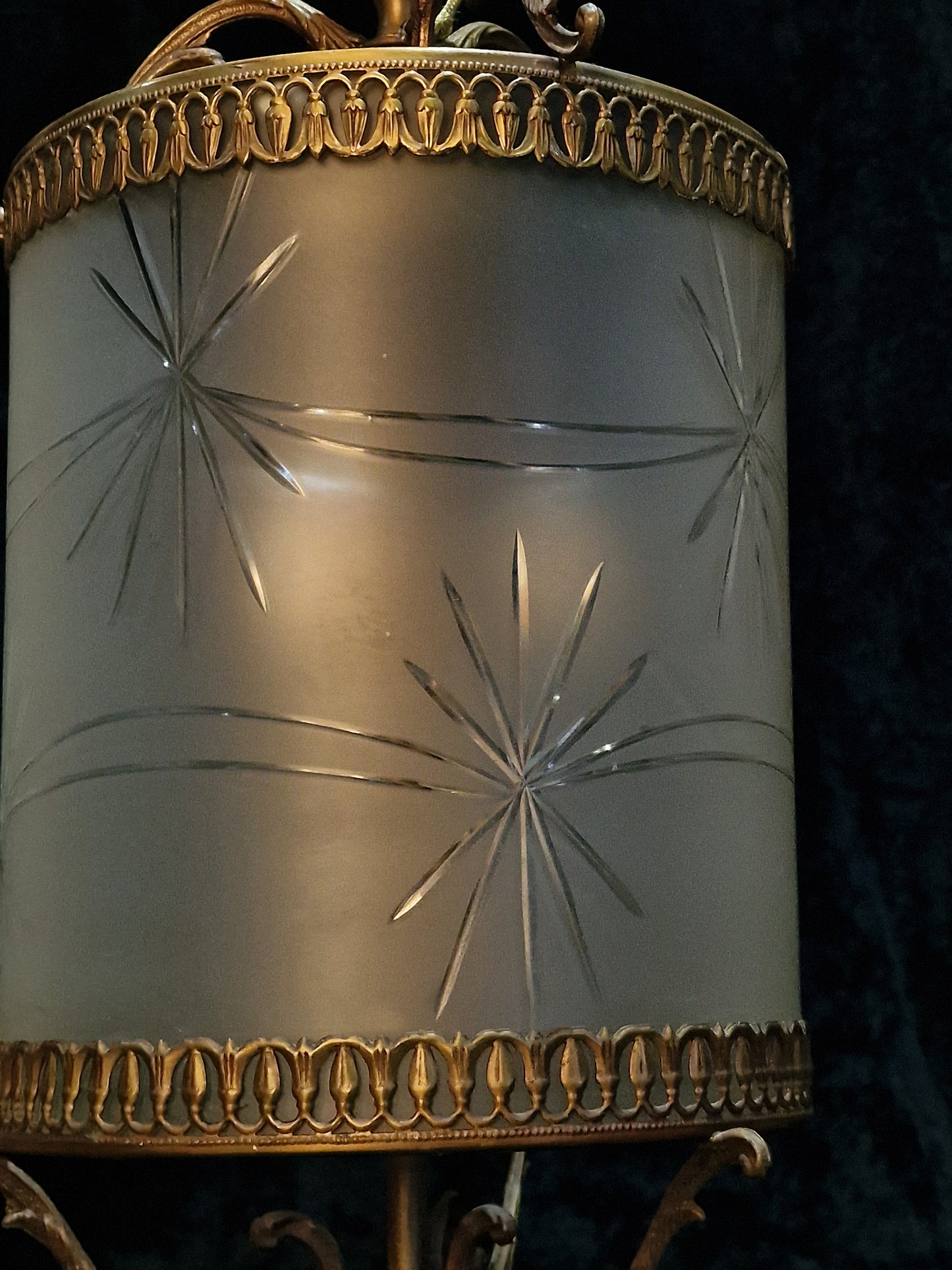 Classical Vintage Italian Cylinder Cut Glass Starburst Brass 3 Light Lantern