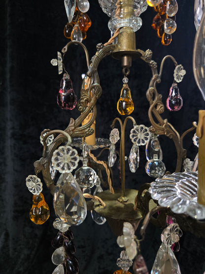 Fabulous Antique French 2 Arm Caged Murano Crystal Brass Chandelier Light