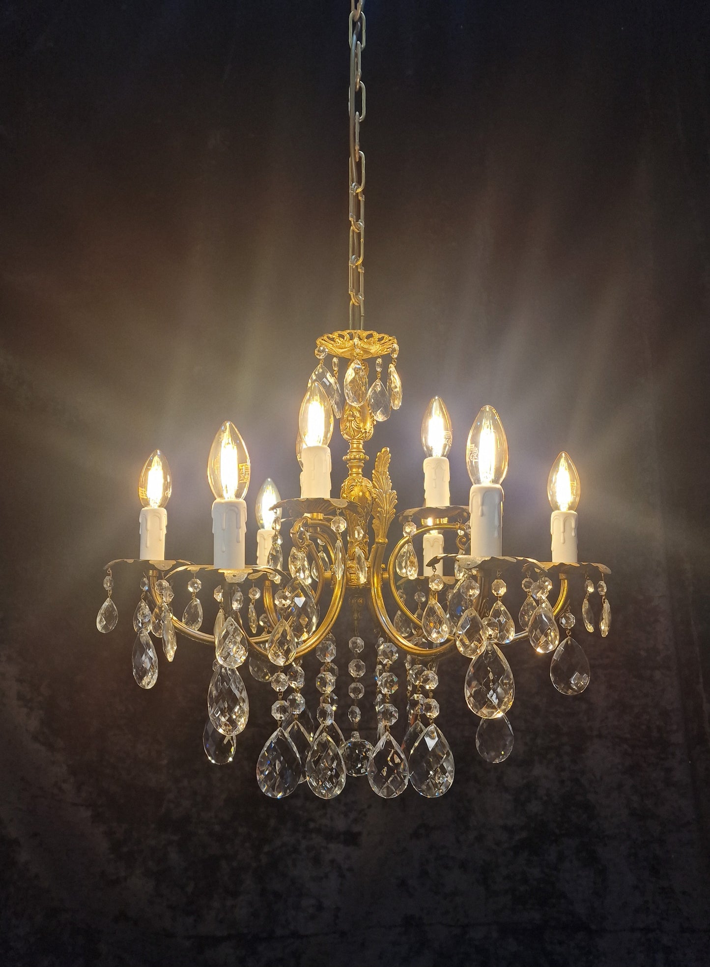 Stunning Antique French 6 Arm 9 Light Heavy Brass Crystal Leaf Chandelier