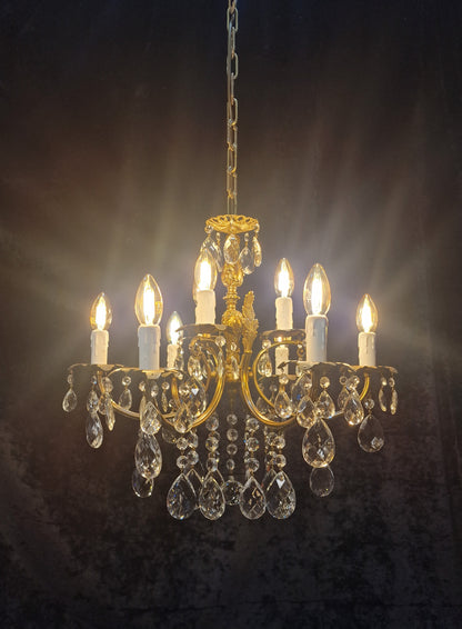 Stunning Antique French 6 Arm 9 Light Heavy Brass Crystal Leaf Chandelier