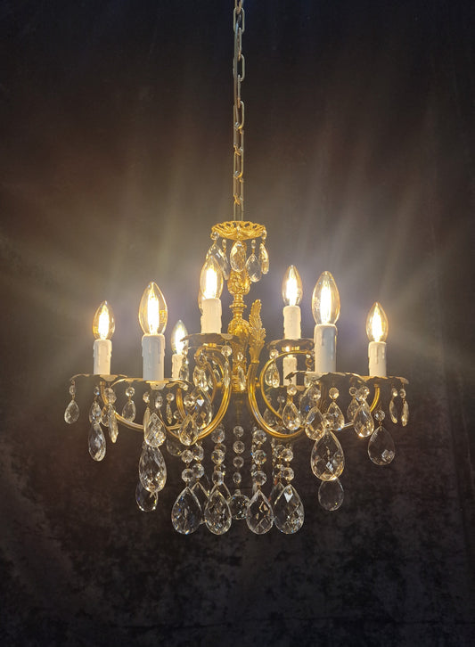 Stunning Antique French 6 Arm 9 Light Heavy Brass Crystal Leaf Chandelier