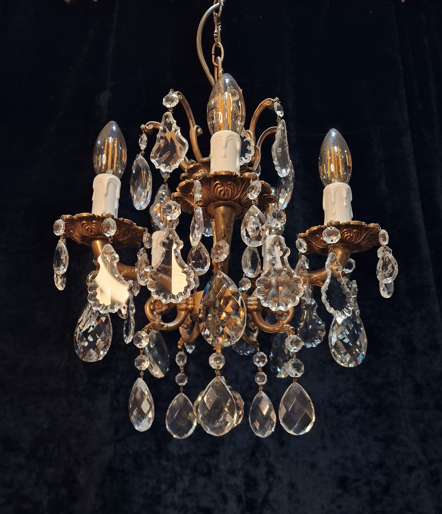Beautiful Antique French 5 Arm Brass and Crystal Chandelier Ceiling Light