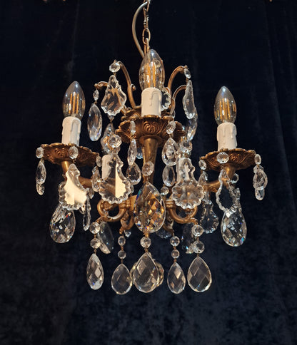 Beautiful Antique French 5 Arm Brass and Crystal Chandelier Ceiling Light
