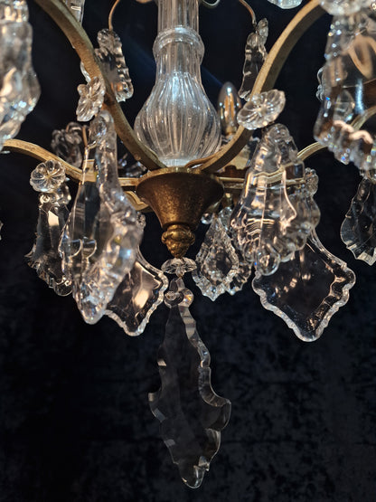 Gorgeous Antique French 6 Arm 2 Tier Brass and Crystal Chandelier Ceiling Light