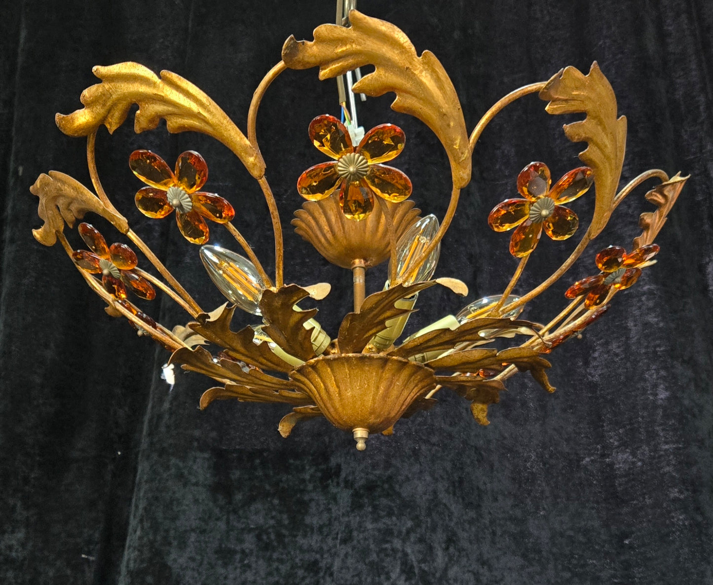 Beautiful Vintage Italian Banci 5 Light Gilded Toleware Flush Ceiling Chandelier