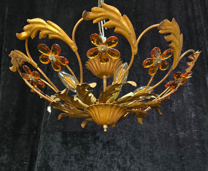 Beautiful Vintage Italian Banci 5 Light Gilded Toleware Flush Ceiling Chandelier