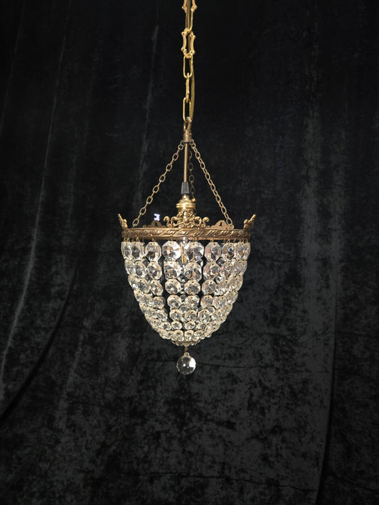 Beautiful Antique French Crystal Bag Brass and Bows Chandelier Ceiling Light