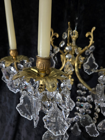 Superb Pair Large Vintage Italian Gilded Brass 3 Arm Candle Crystal Wall Lights