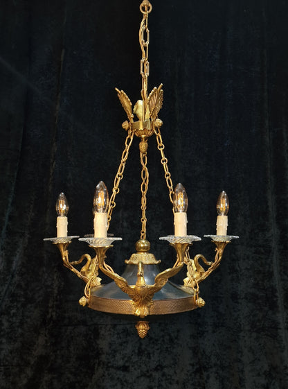 Stately Heavy Vintage French 6 Light Brass Empire Swans Lionheads Chandelier