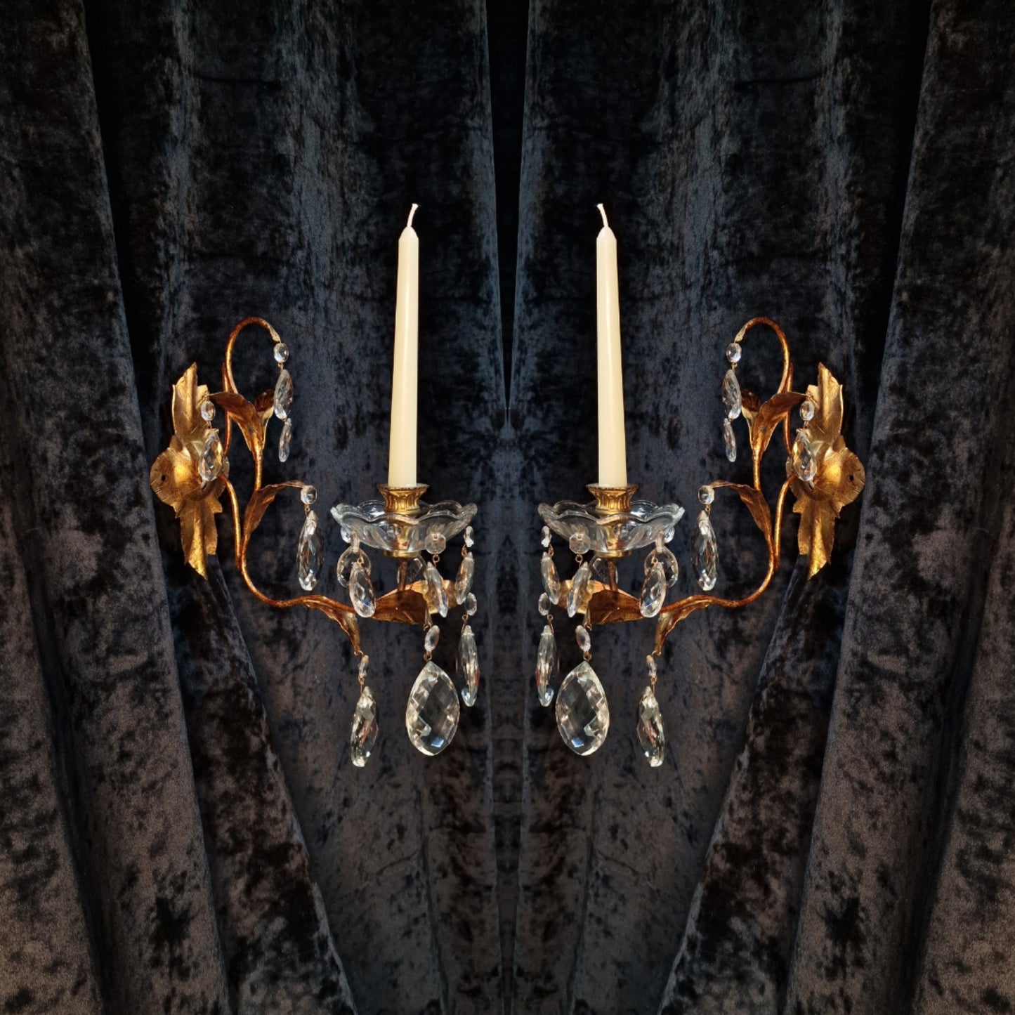 Stunning Pair Vintage Italian 1 Arm Florentine Toleware Candle Crystal Sconces