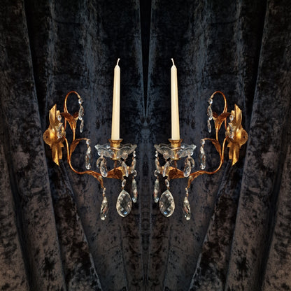 Stunning Pair Vintage Italian 1 Arm Florentine Toleware Candle Crystal Sconces