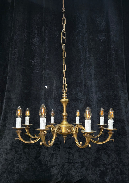 Traditional Heavy Vintage Dutch 8 Arm Brass Gothic Style Chandelier Light