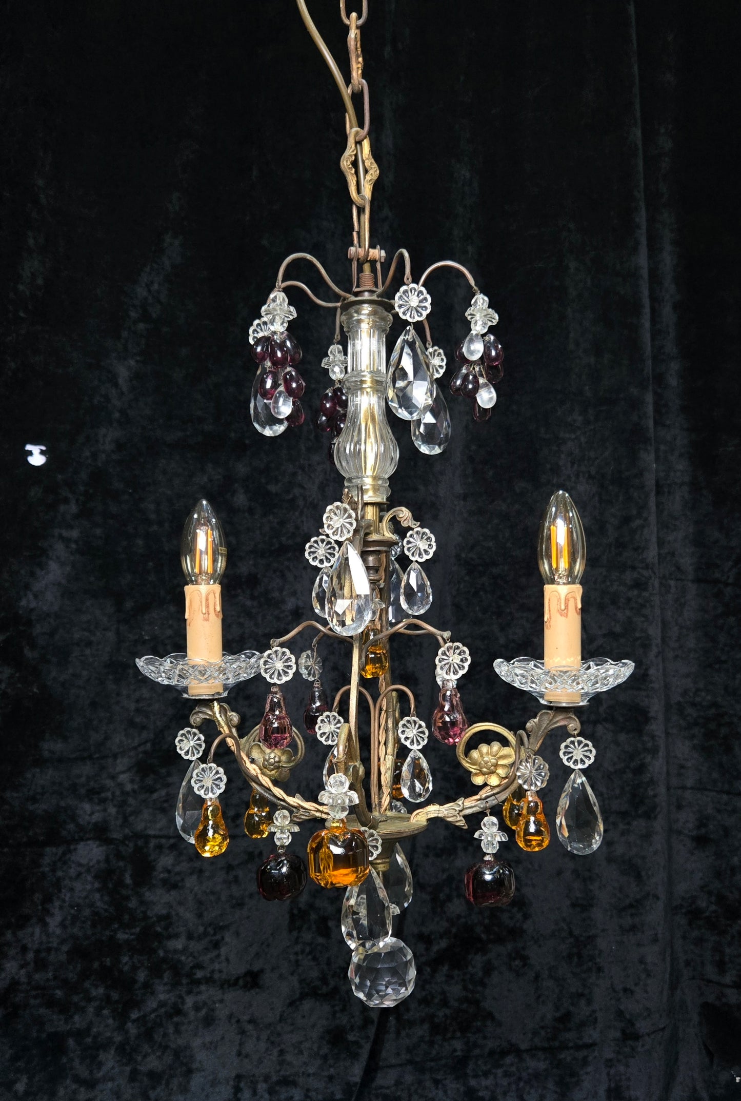 Exquisite Antique French 2 Arm Caged Murano Crystal Brass Chandelier Light