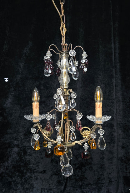 Exquisite Antique French 2 Arm Caged Murano Crystal Brass Chandelier Light