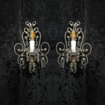 Elegant Pair Vintage Italian Venetian Style Crystal Glass and Iron Wall Lights