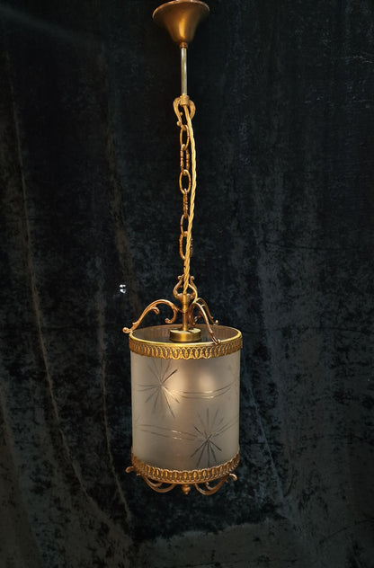 Classical Vintage Italian Cylinder Cut Glass Starburst Brass 3 Light Lantern