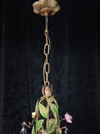 Beautiful Vintage Florentine Italian 1 Light Crystal Roses Toleware Chandelier