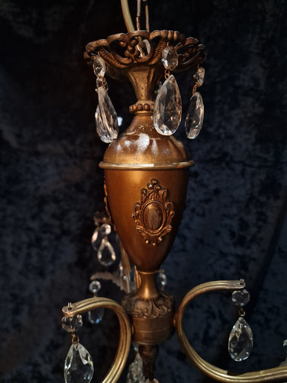 Lovely Vintage Italian 3 Arm Brass Crystal Leaf Chandelier Ceiling Light