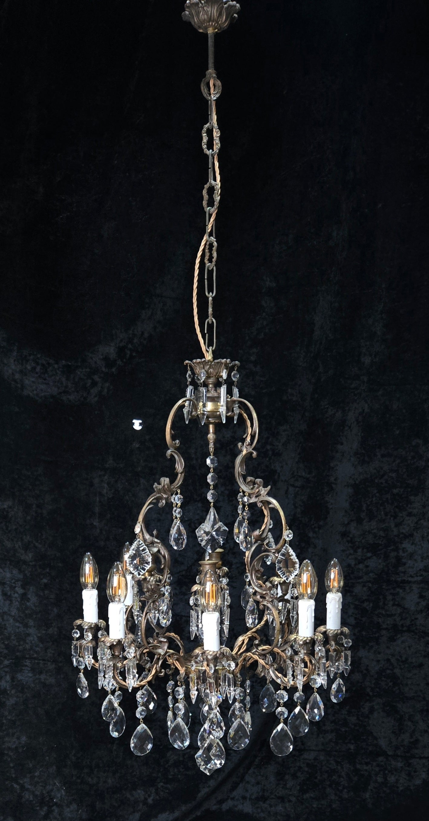 Fabulous Antique Italian 8 Arm 4 Candle Cage Brass Crystal Chandelier Light