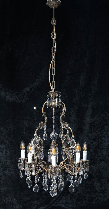 Fabulous Antique Italian 8 Arm 4 Candle Cage Brass Crystal Chandelier Light