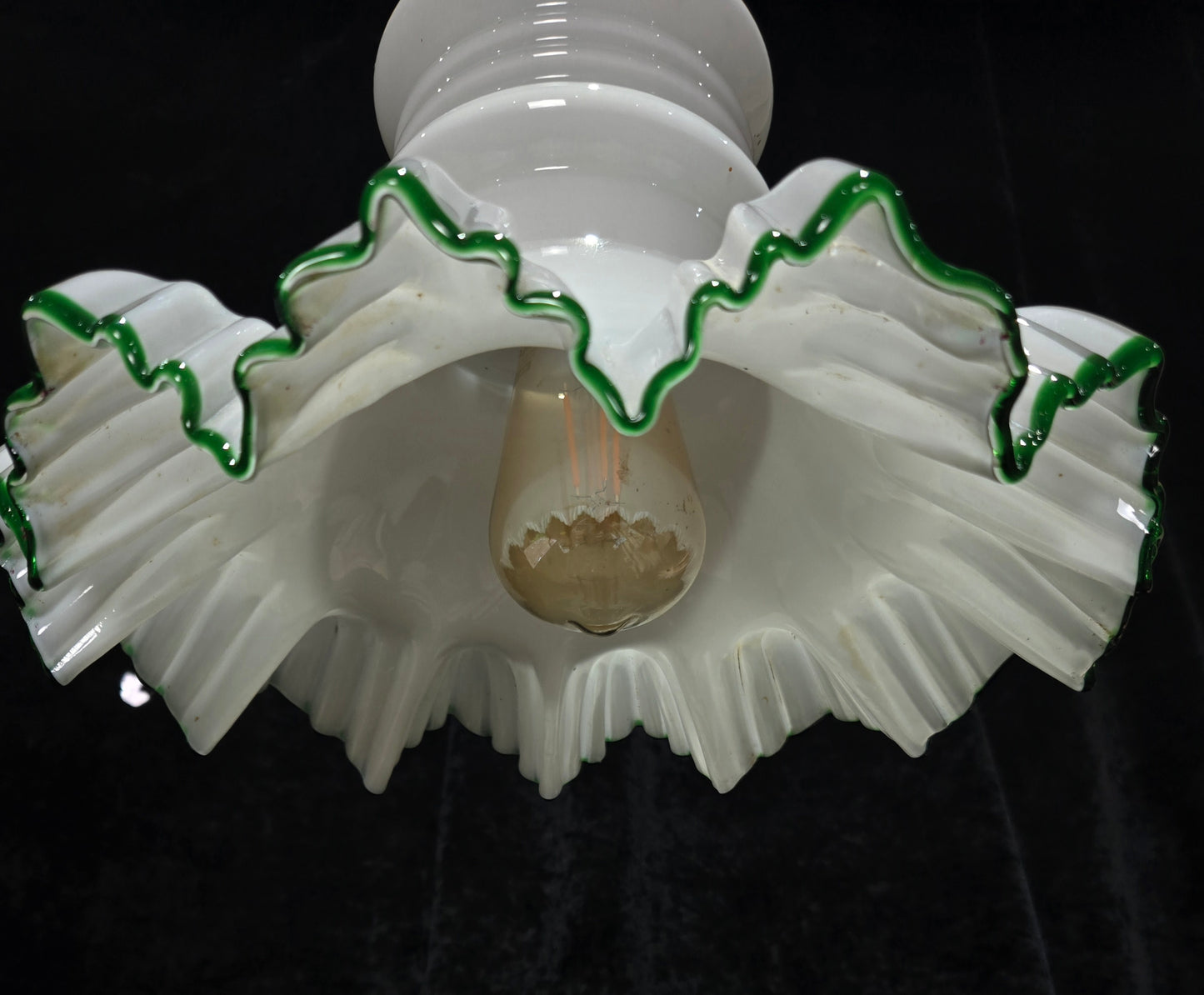 Fabulous Antique French Large Opaline Glass Shade Green Edging Brass Light