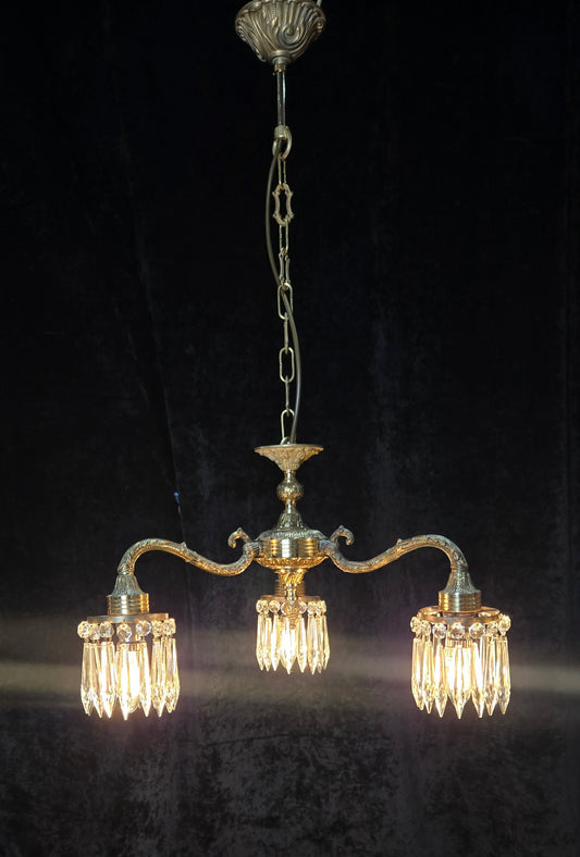Lovely Vintage Italian 3 Arm Brass Crystal Chandelier Ceiling Light