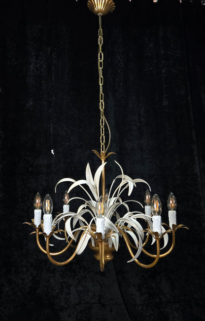 Lovely Vintage Italian MASCA Gilded Toleware 8 Arm Chandelier Ceiling Light