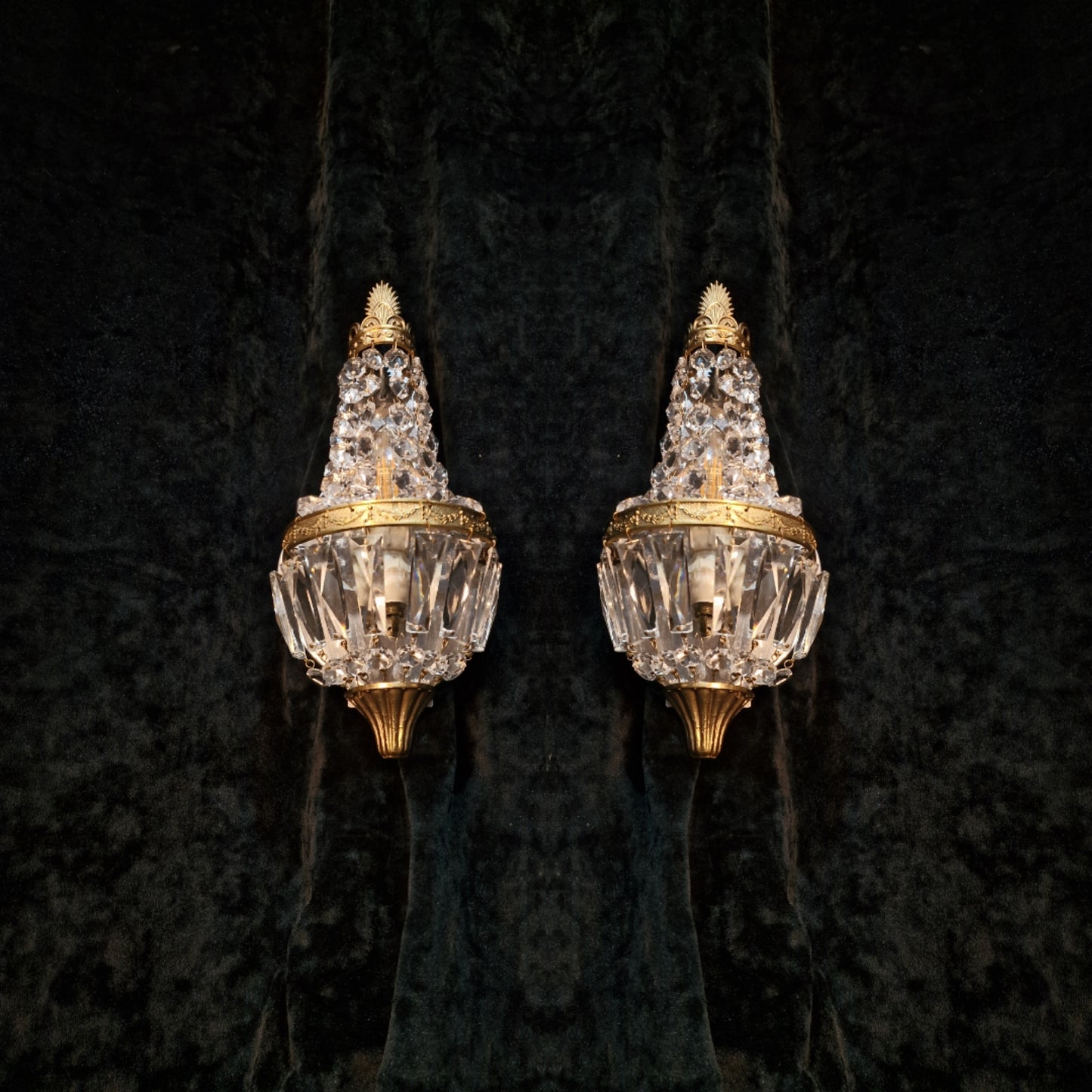 Gorgeous Pair of Vintage French Brass Crystal Montgolfiere Sconces Wall Lights
