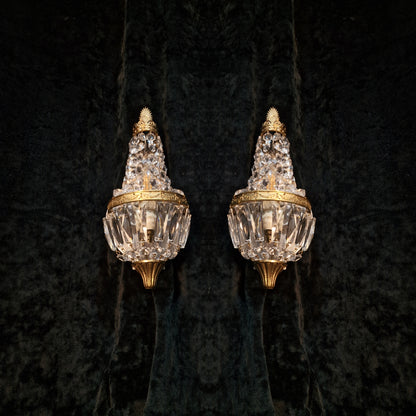Gorgeous Pair of Vintage French Brass Crystal Montgolfiere Sconces Wall Lights