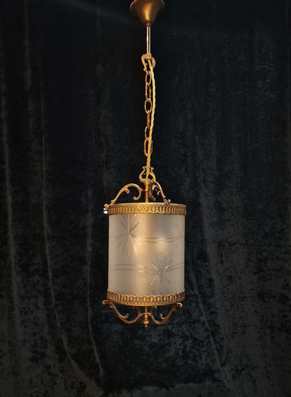 Classical Vintage Italian Cylinder Cut Glass Starburst Brass 3 Light Lantern