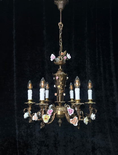 Fabulous Vintage Italian 6 Arm Brass Florentine Flower Roses Chandelier Light