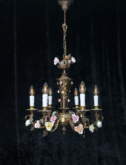 Fabulous Vintage Italian 6 Arm Brass Florentine Flower Roses Chandelier Light