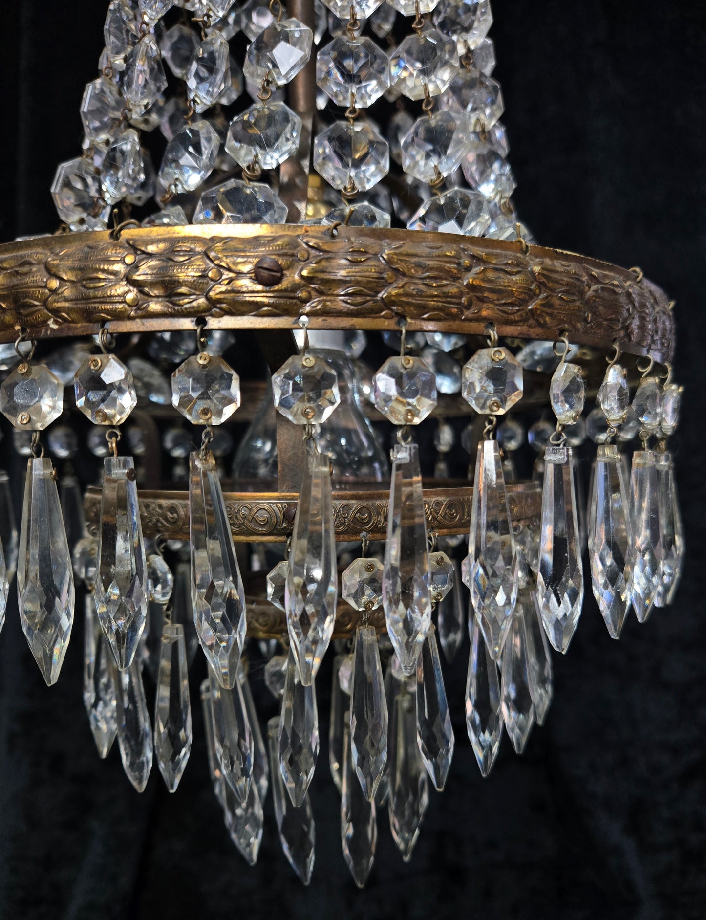 Beautiful Antique French 3 Tier Waterfall Montgolfiere Crystal Brass Chandelier
