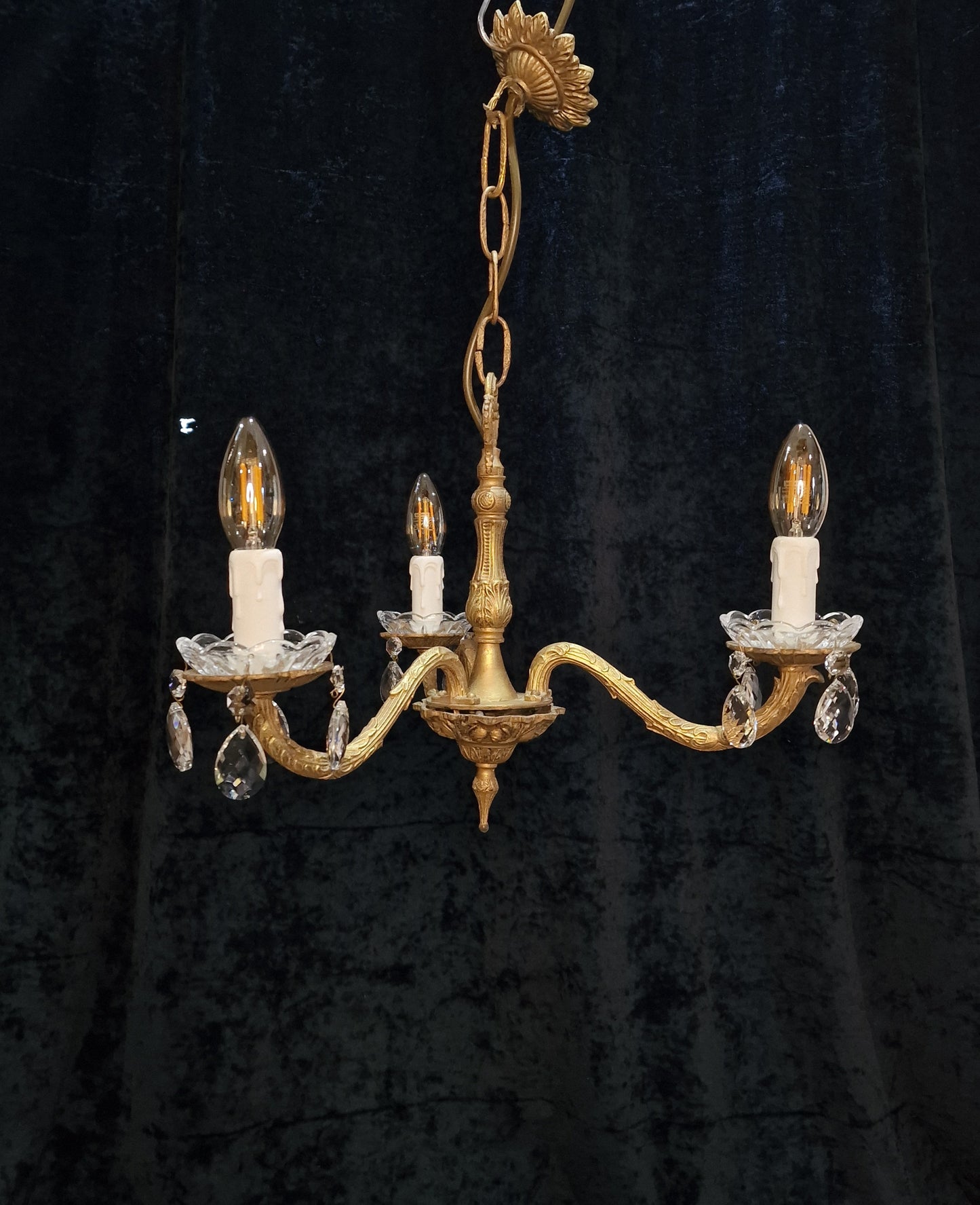 Lovely Vintage French Gilded Crystal Glass 3 Arm Chandelier Light