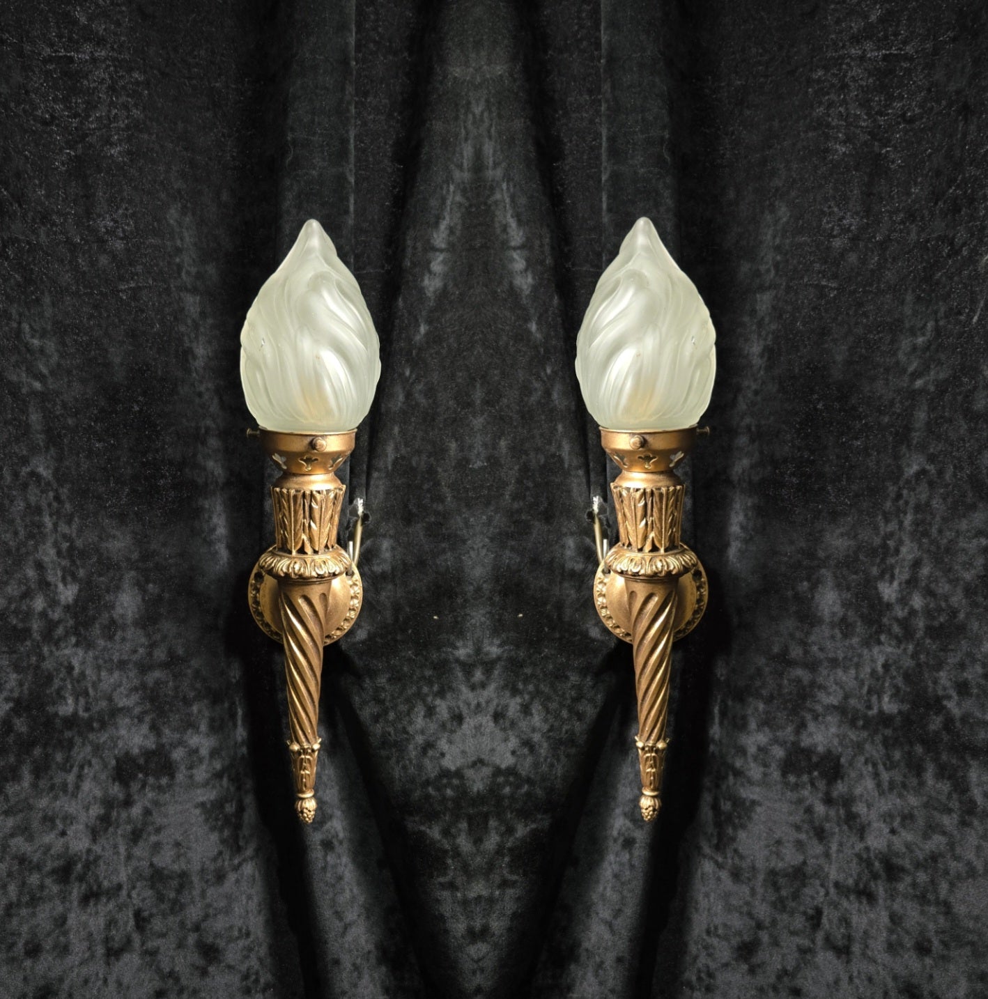 Decorative Pair Vintage Italian Gilded Torchere Wall Lights Sconces Flame Shades