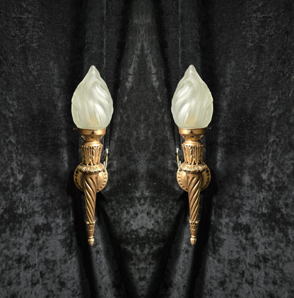 Decorative Pair Vintage Italian Gilded Torchere Wall Lights Sconces Flame Shades