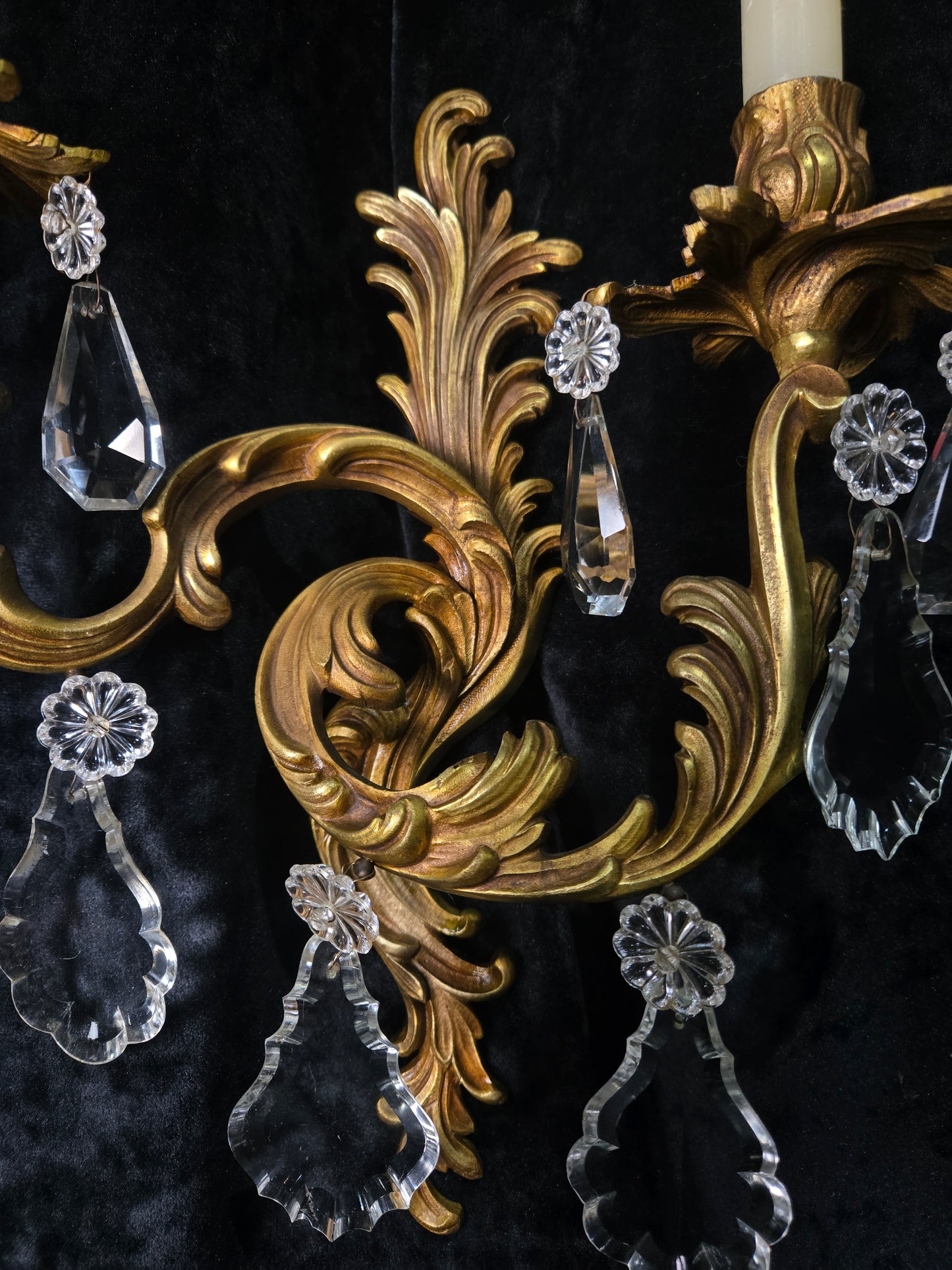 Fabulous Pair Antique French Heavy Gilt Bronze 2 Arm Crystal Candle Wall Lights