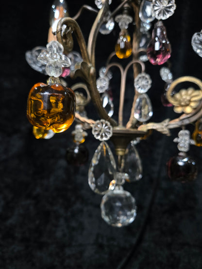 Exquisite Antique French 2 Arm Caged Murano Crystal Brass Chandelier Light