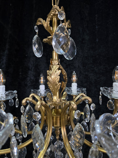 Beautiful Vintage Italian 8 Arm Brass Crystal Leaf Chandelier Ceiling Light