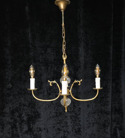 Classical Vintage French 4 Arm Lacquered Brass Crystal Chandelier Ceiling Light