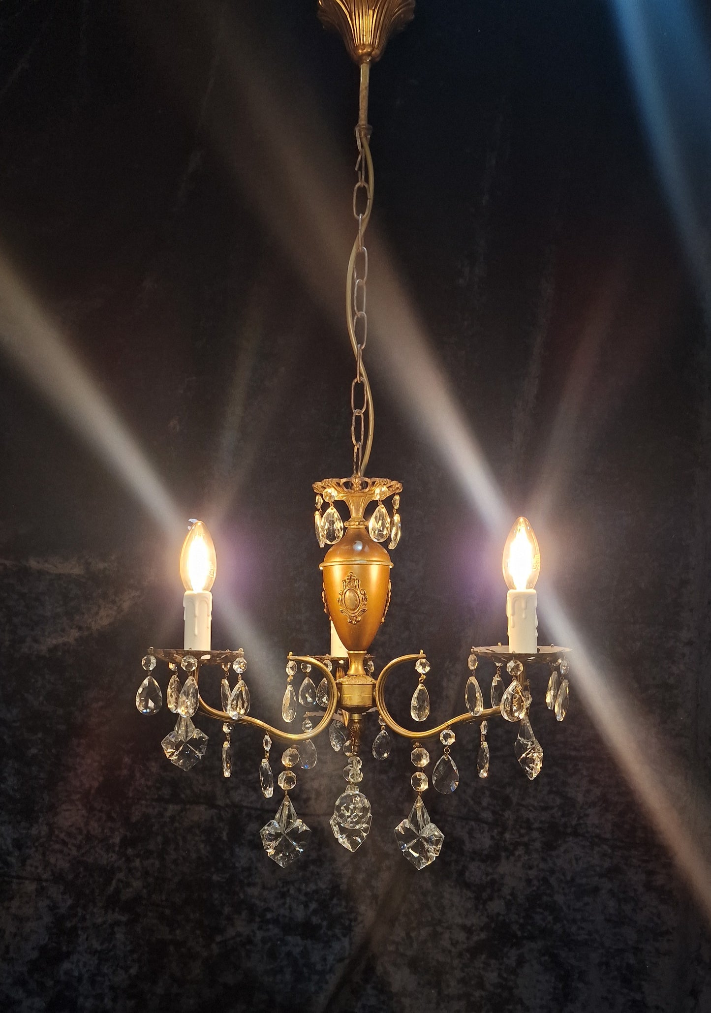 Lovely Vintage Italian 3 Arm Brass Crystal Leaf Chandelier Ceiling Light