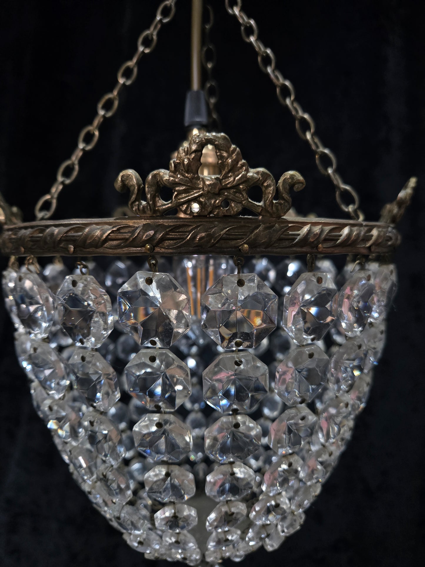 Beautiful Antique French Crystal Bag Brass and Bows Chandelier Ceiling Light