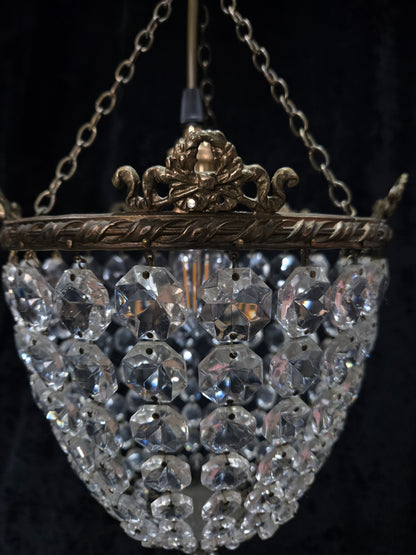 Beautiful Antique French Crystal Bag Brass and Bows Chandelier Ceiling Light