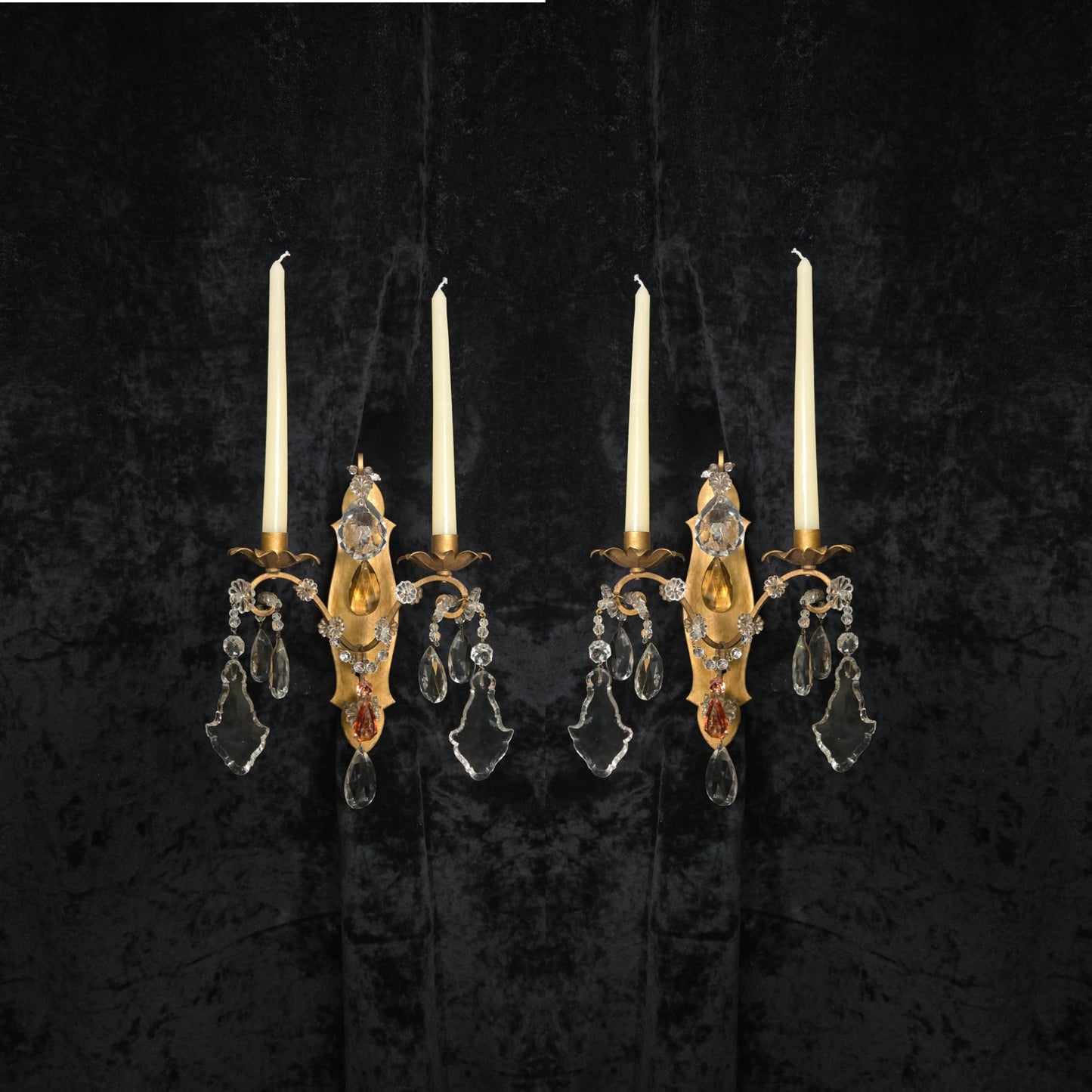 Fabulous Pair Vintage Italian 2 Arm Gilded Wrought Iron Crystal Candle Sconces